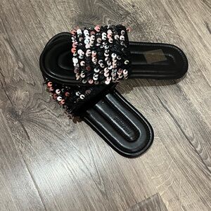 Free People Black and Pink Sequin Slide Sandals